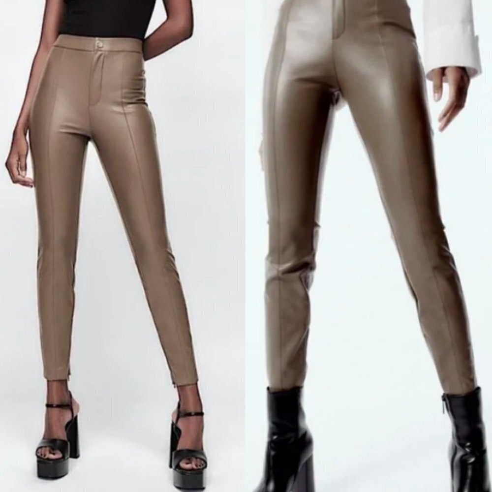 🦋 ZARA Faux Leather Skinny Leggings Pants in Mink Brown Small